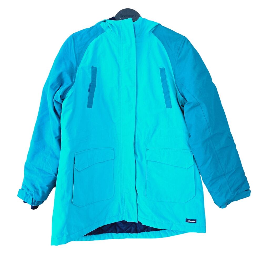 Lands' End Kids Grow A Long Waterproof Hood Parka Coat Mid Length XL Blue Green